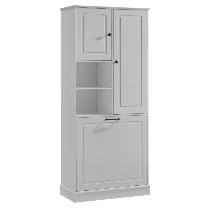 Modern Tall Storage Cabinet With Adjustable Shelves, Flip-Out Basket & Enclosed Doors