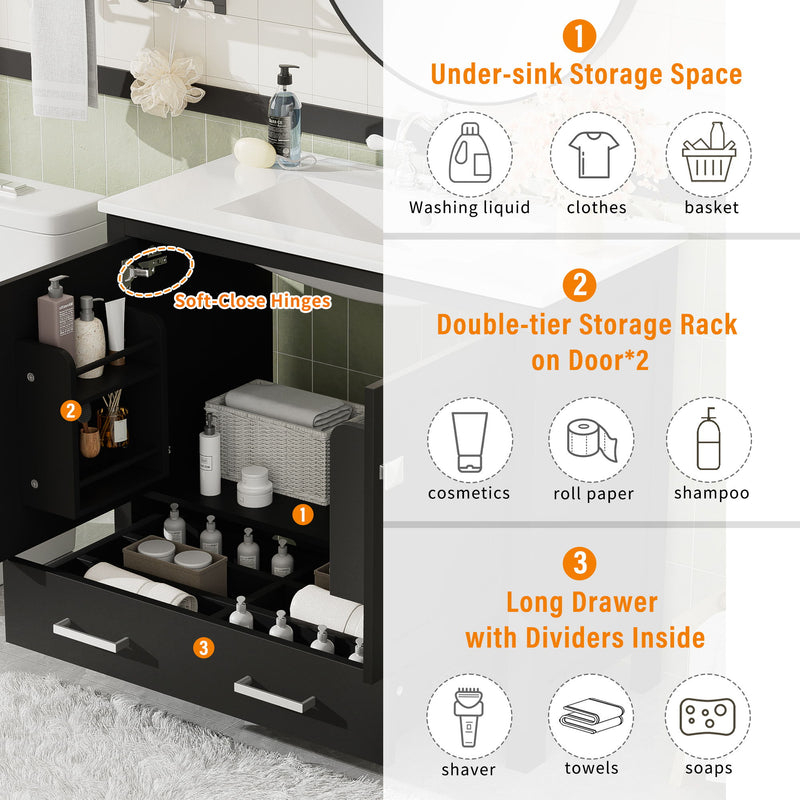 Bathroom Vanity With Sink, Soft Close Doors, Double Shelves & Divided Drawer