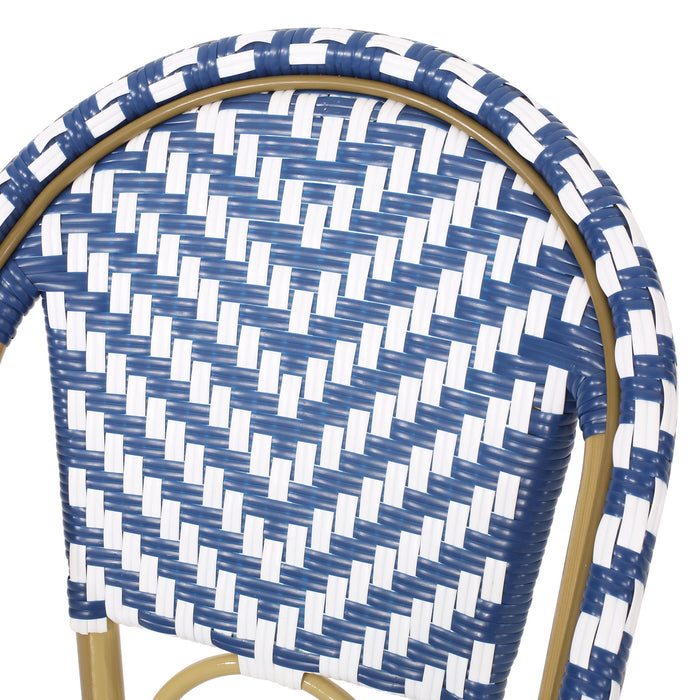 Outdoor Rattan French Barstool Set,, Bamboo, Seat Height - Navy Blue / White