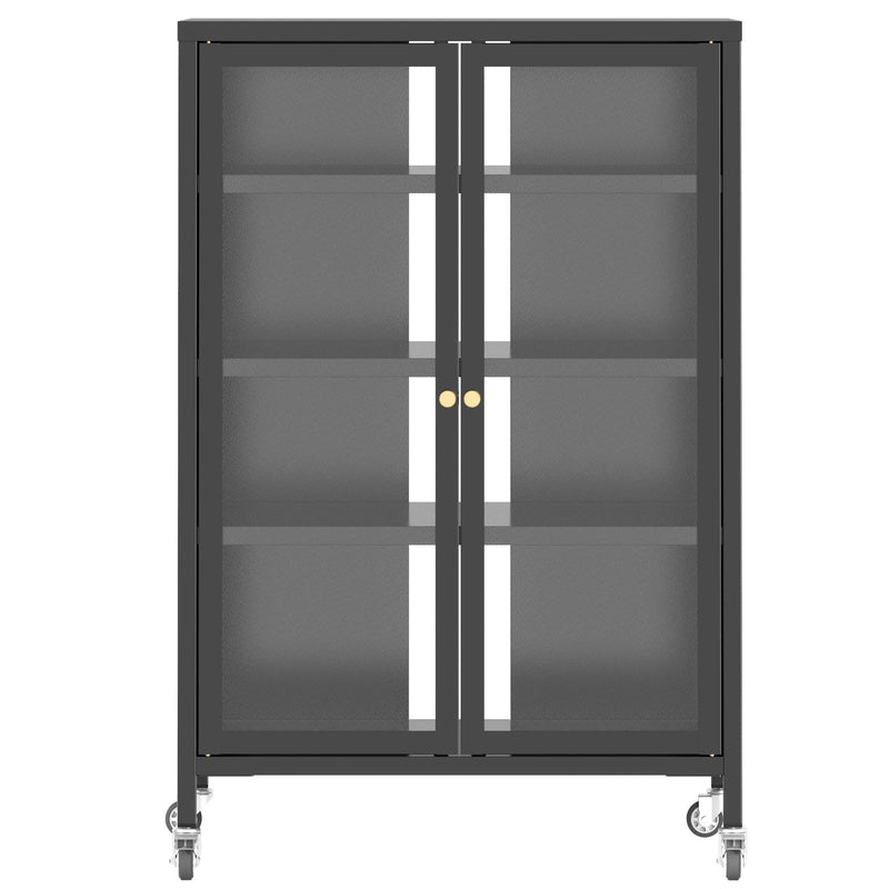 Media Storage Cabinet With Wheels, 4 Adjustable Glass Shelves & Door, Heavy-Duty - Black