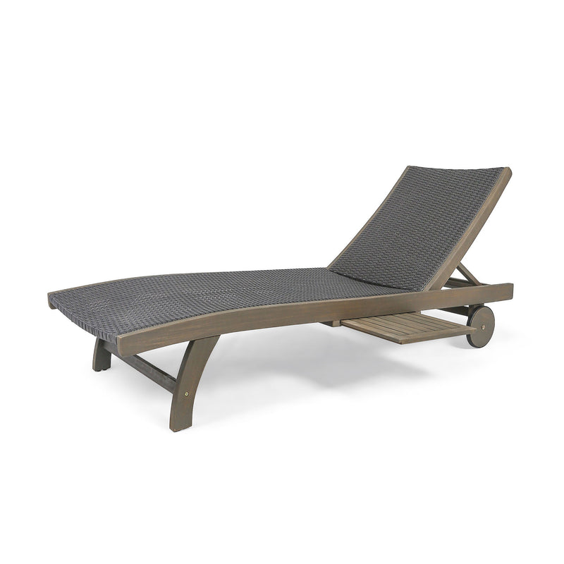 Outdoor Chaise Lounge With Pull Out Tray And Wicker Seat - Gray