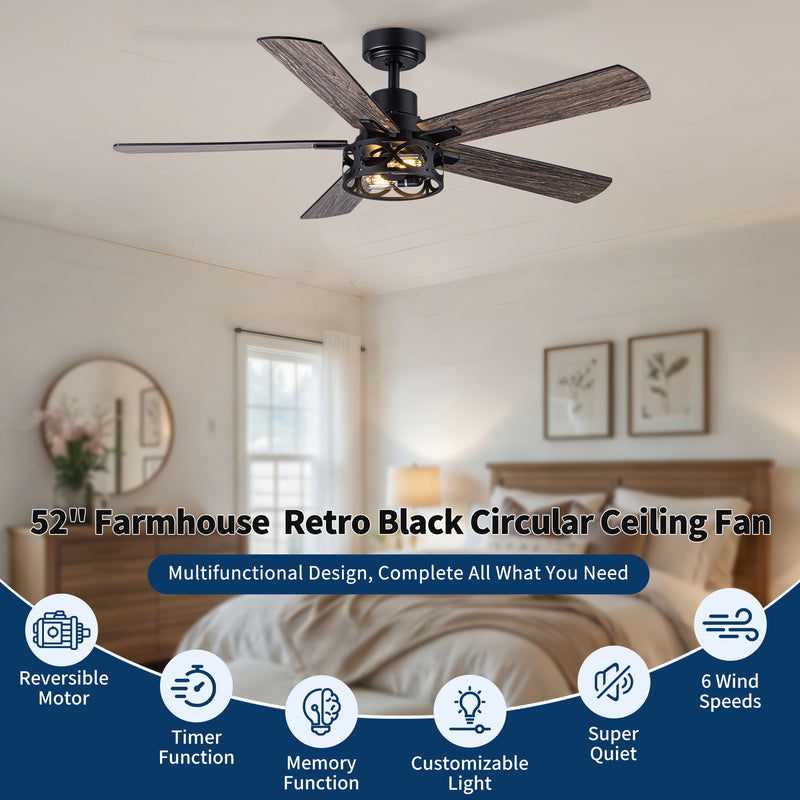 Ceiling Fan With Light, Dual‑Sided Matte Black & Wood Grain Blades - Black