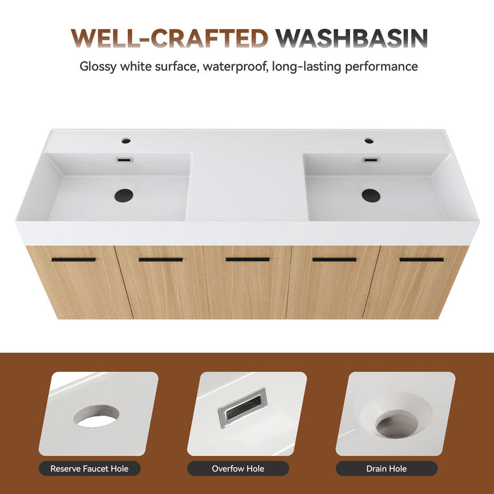 Floating Double Sink Bathroom Vanity Set With Tall Linen Cabinet, Extra Large Storage, Integrated Sink, Soft Close Doors - Glossy White / Light Oak