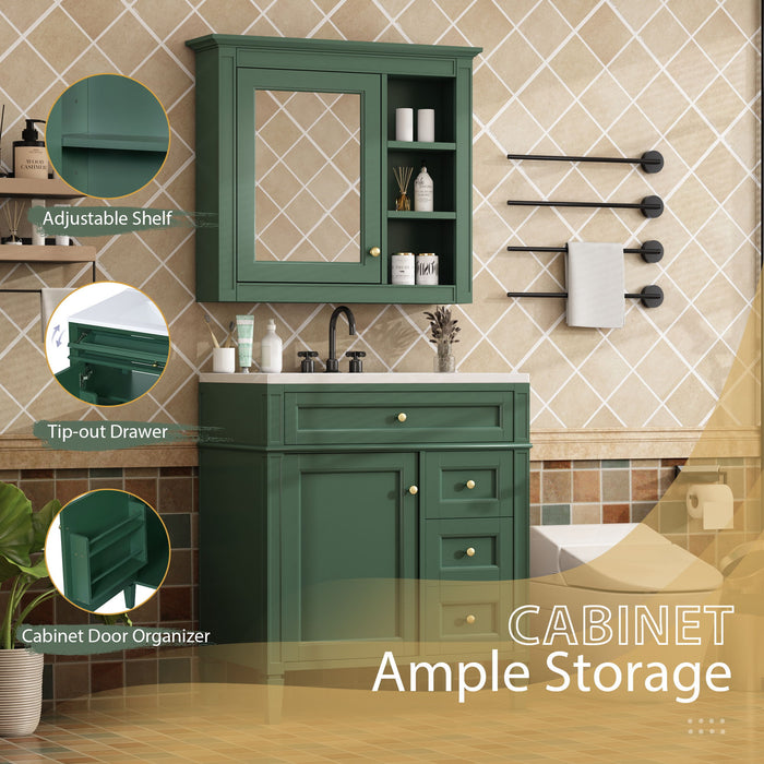 Bathroom Vanity With Top Sink, 2 Doors And 3 Drawers, Freestanding Set With Mirror Cabinet