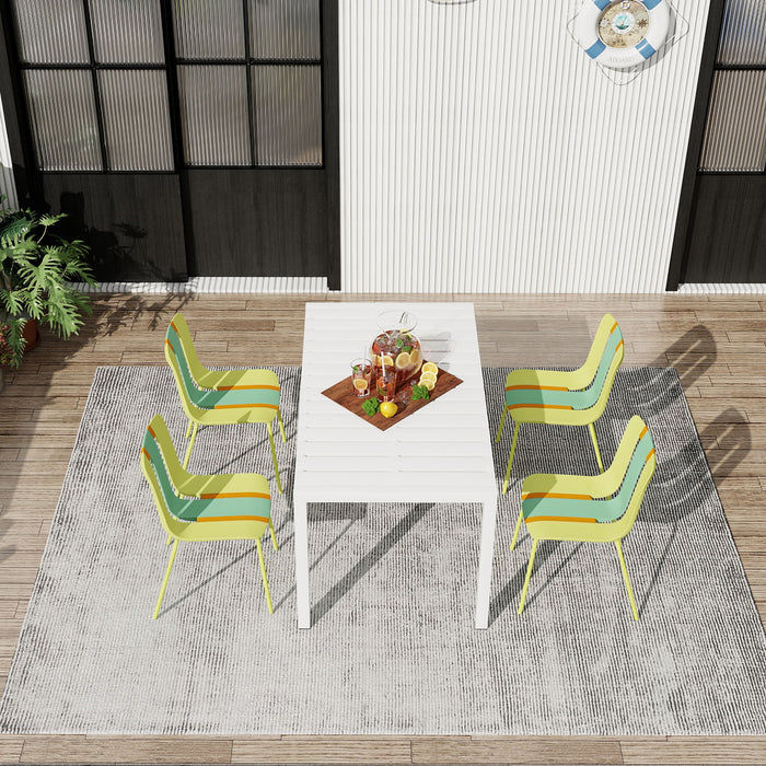 4 Piece Set Of Striped Color Blocking Single Chairs & Long Table - Grain Yellow / Haze Green / Tropical Orange / White
