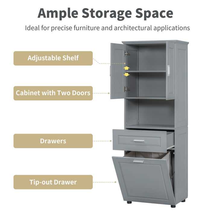Tall Bathroom Cabinet With Tilt-Out Laundry Basket And Upper Storage