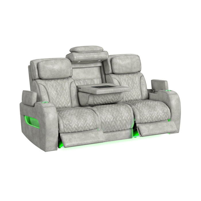 Prime Time - P3 Sofa With Ddt, 3.0 Table, 7 Colors (Led And Cup Holders), Reading Light, Vibration, Speaker, And Heat Massage - Leather Gel Light Gray