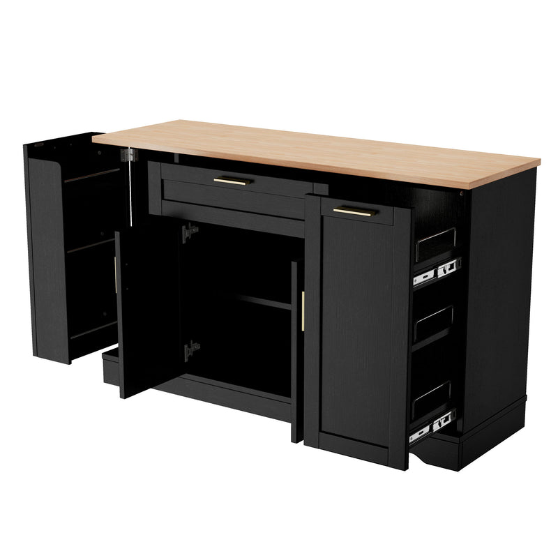 Trexm Multi-Functional Storage Sideboard, Extendable Dining Table, Adjustable Shelves, 3-Tier Pull-Out Rack, Kitchen Island Storage For Kitchen, Dining Room, Living Room (Black)