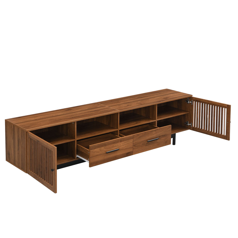 TV Stand, Media Console With 2 Drawers, Soft Closing Slatted Doors, Living Room Entertainment Center - Walnut