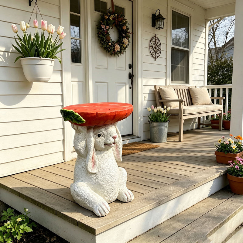 13.39" H X 11.61" W Bunny Side Table With Carrot Top, Cute Rabbit Plant Stand For Indoor & Outdoor Garden Decor