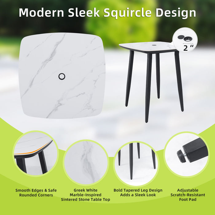 Outdoor Bar Table, Rounded Square Sintered Stone Top With Umbrella Hole, Rust Free Frame, Weatherproof - Ember Black / White