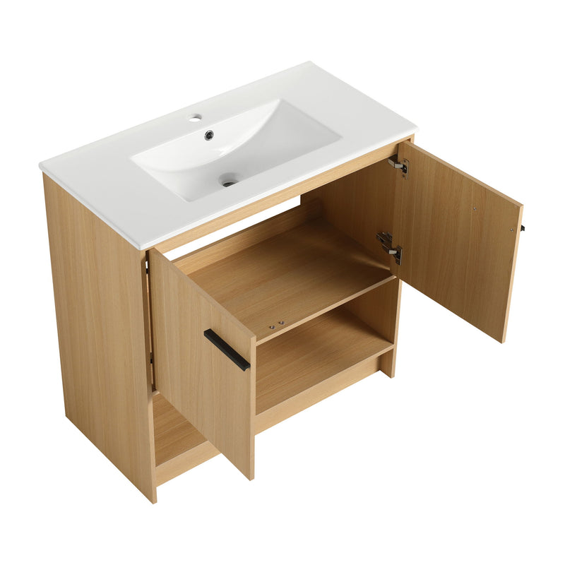 Modern Bathroom Vanity With Ceramic Sink, Freestanding Cabinet, Soft Closing Doors