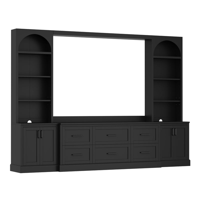 Arched Entertainment Center Wall Unit With 6 Drawers, Large TV Stand With Bookshelves