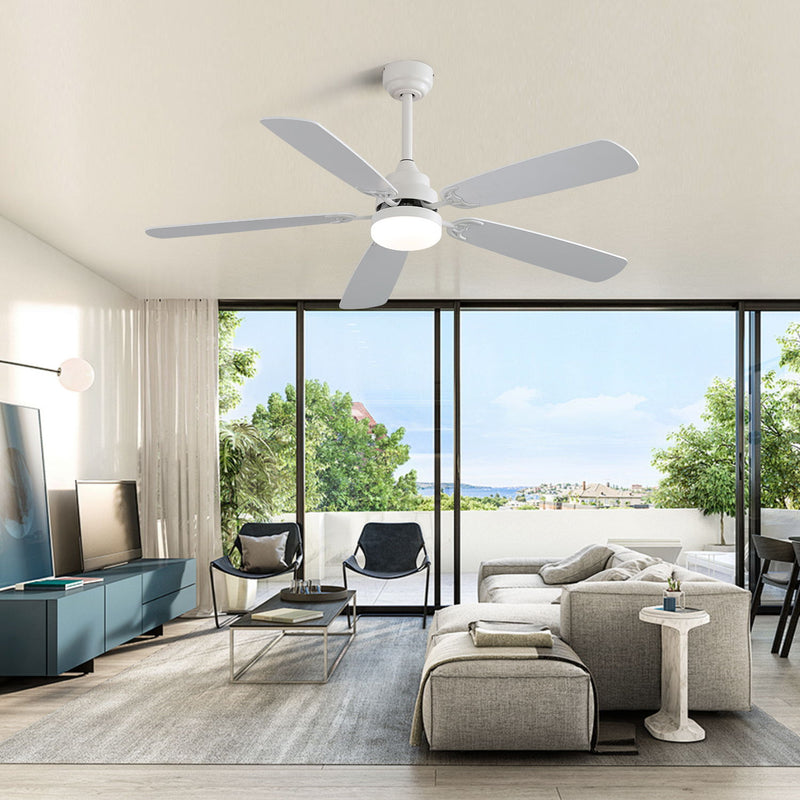 52" DC Motor Ceiling Fan With LED Light, 6 Speed Remote Control, Reversible Blades For Living Room - White