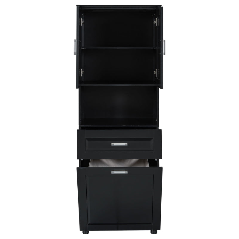 Tall Bathroom Cabinet With Tilt-Out Laundry Basket And Upper Storage