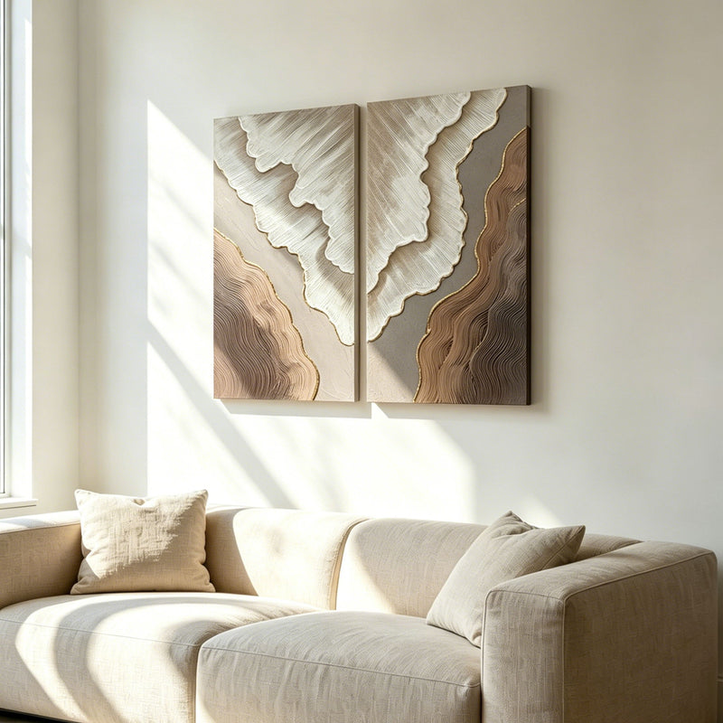 Abstract Wall Art, Textured Canvas Painting With Accents, Decor For Living Room (Set of 2) - Antique Brown / White