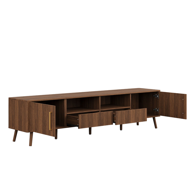 78" TV Stand For 85" TVs With Fluted Doors, Open Shelf, Cable Management - Walnut