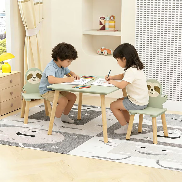 Sloth Themed Table And Chair Set With 2 Cute Animal Chairs - Natural Wood / Sage Green