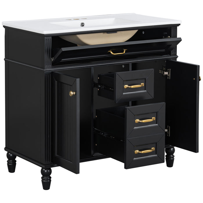 Bathroom Vanity With Sink, Flip-Out Top Drawer, Soft Close Doors, 2 Storage Drawers