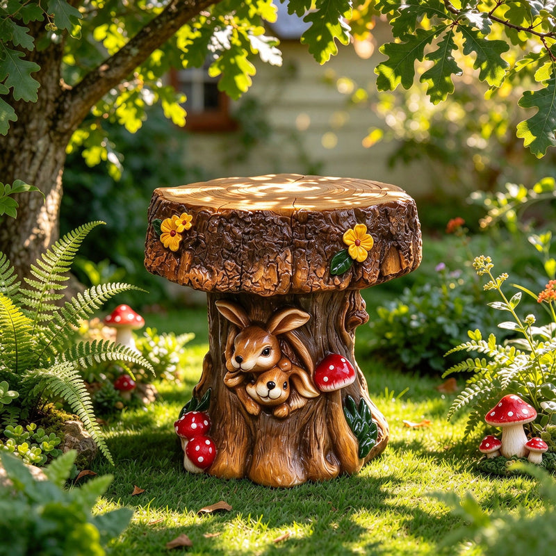 Rabbit Garden Chair, Whimsical Tree Stump Design, Indoor Outdoor Accent Chair - Brown