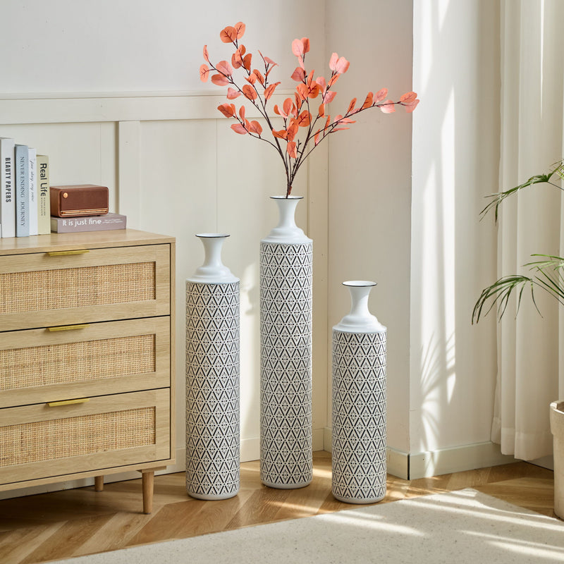 Modern Floor Vase Set Metal Vases With Geometric Pattern, 3 Piece Home Decor Set - White / Black