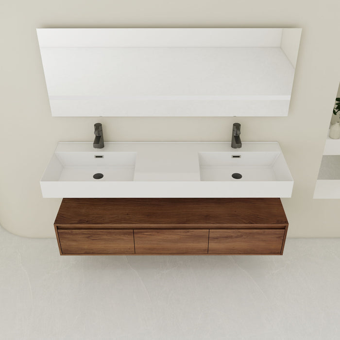 Contemporary Wall Mounted Bathroom Vanity With Dual Resin Sink And Soft Close Drawer