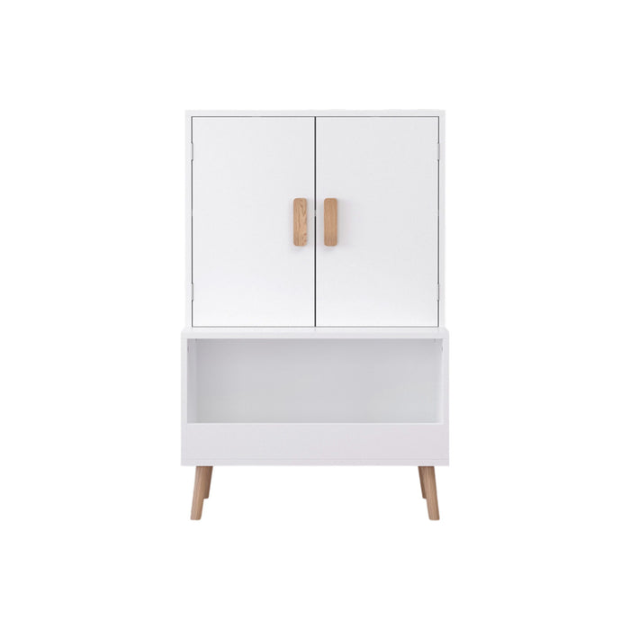 Toy Storage Cabinet With Doors And Open Shelf, Toddler Bookshelf For Playroom - White