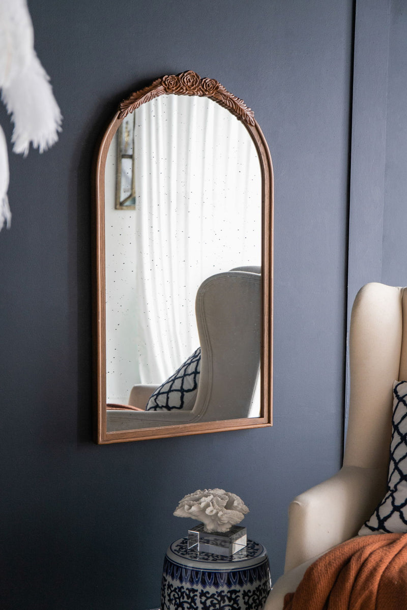 Hand Carved Rose Antique Mirror Frame, Wood Arch Mirror Wall Decor For Living Room