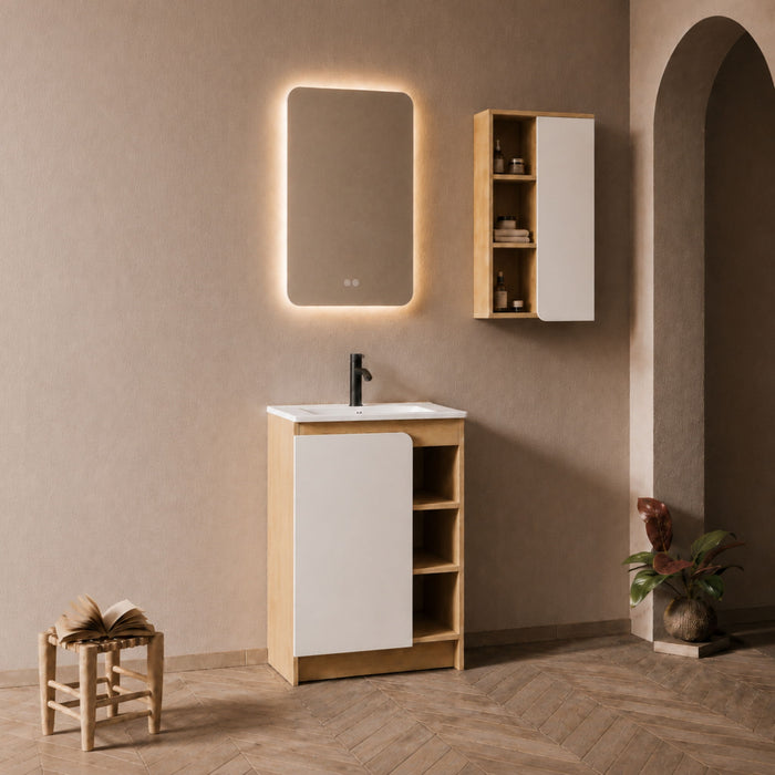24" Bathroom Vanity With Sink & Wall Mounted Side Cabinet, Vanity Set With Thin Edge Sink, Interchangeable & Door Panels, Open & Hidden Storage - Black / Light Oak / White