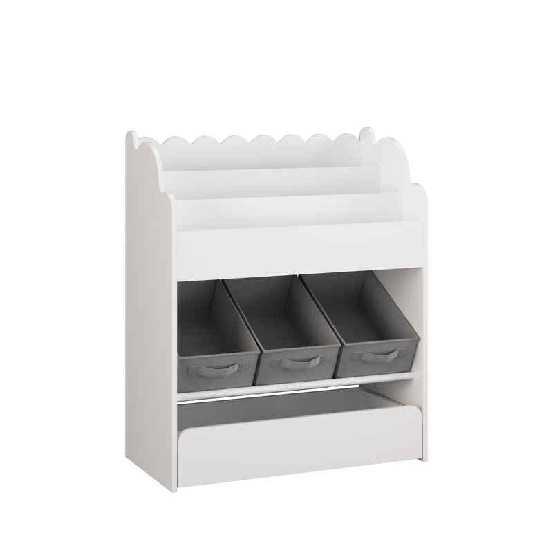 Bookshelf With Storage Bins And Drawer, Multi Functional Book Organizer For Toddlers - White