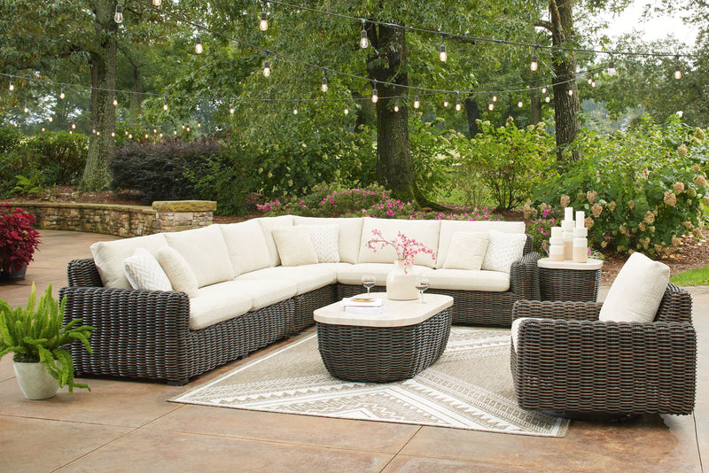 Kimora - 4 Pc. - 4-Piece Outdoor Sectional, Swivel Glider Lounge, Cocktail Table, End Table - Beige / Dark Brown