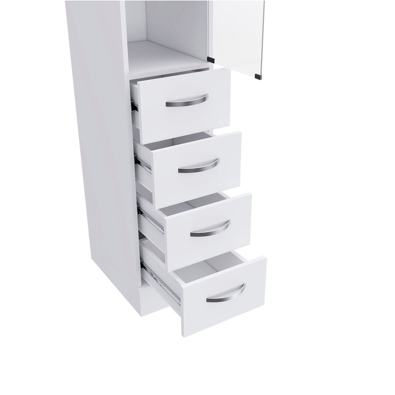Linen Cabinet, 3 Shelves, 4 Drawers And Metal Handles - White