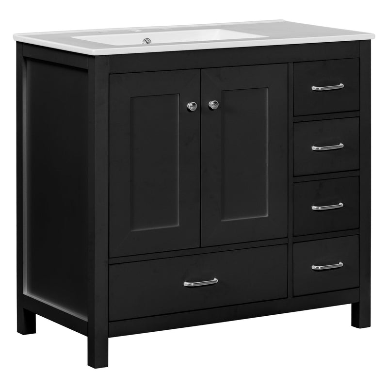 Bathroom Vanity With Ceramic Sink Combo, Abundant Storage Cabinet 2 Soft Close Doors And 5 Drawers