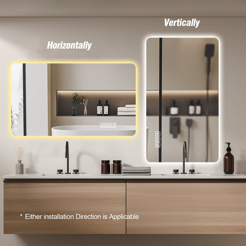 Wall Mounted LED Lighting Mirror With 3 Color Lighting, Dimming, Waterproof, Anti Fog, Touch Switch - Silver