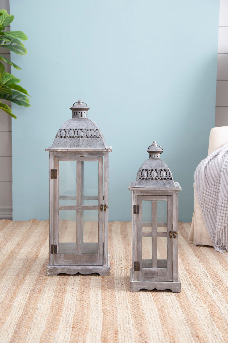 Wooden Candle Lantern Decorative, Hurricane Lantern Holder Decor For Indoor Outdoor, Home Garden Wedding - Gray