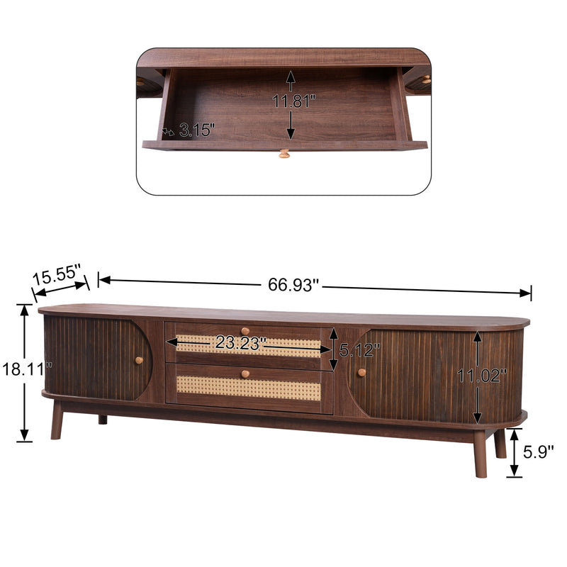 TV Stand For TVs Up To 75'', Cabinet With Drawers And Sliding Doors, Living Room Entertainment Console - Natural Wood / Brown