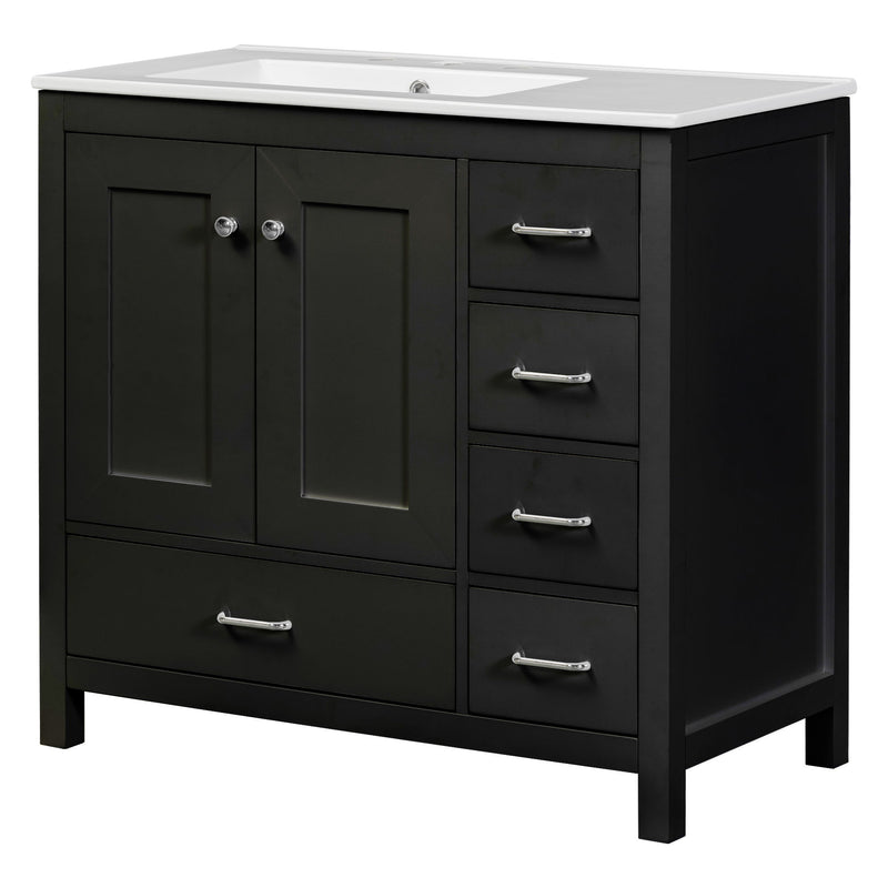 Bathroom Vanity With Ceramic Sink Combo, Abundant Storage Cabinet 2 Soft Close Doors And 5 Drawers