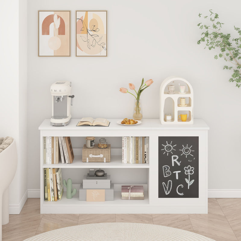 3 In 1 Bookshelf And Toy Storage Cabinet With Chalkboard, Organizer For Playroom Featuring And Spacious Storage - White