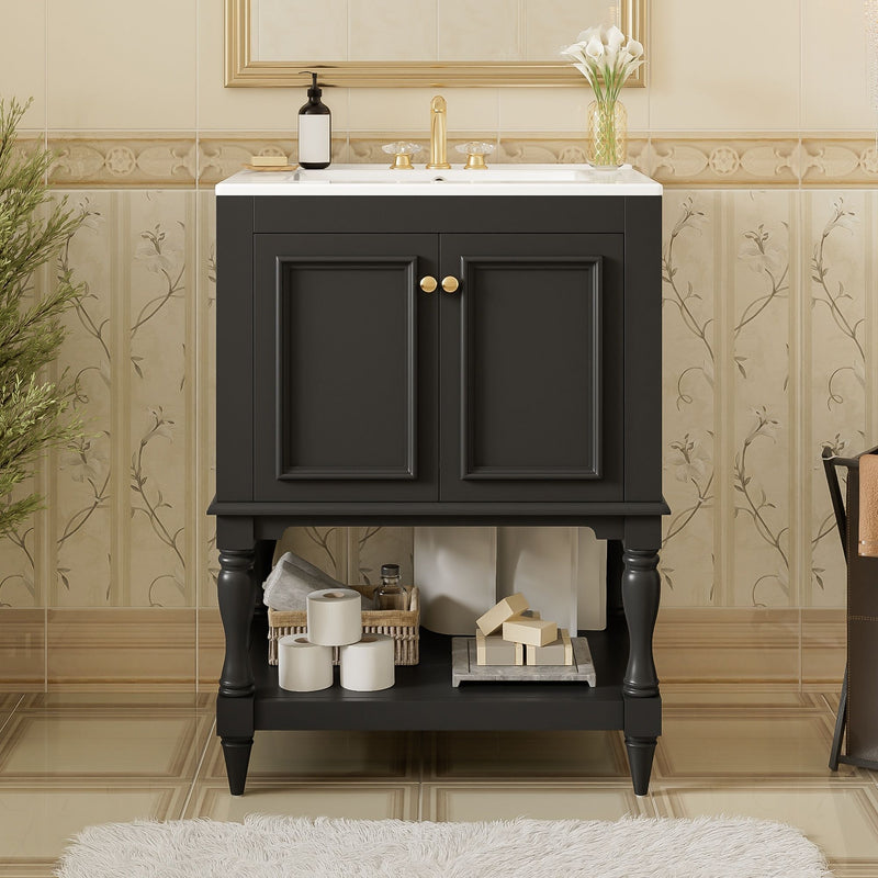 Modern Bathroom Vanity With Sink, Rectangular Cabinet With Open Shelf And Closed Storage
