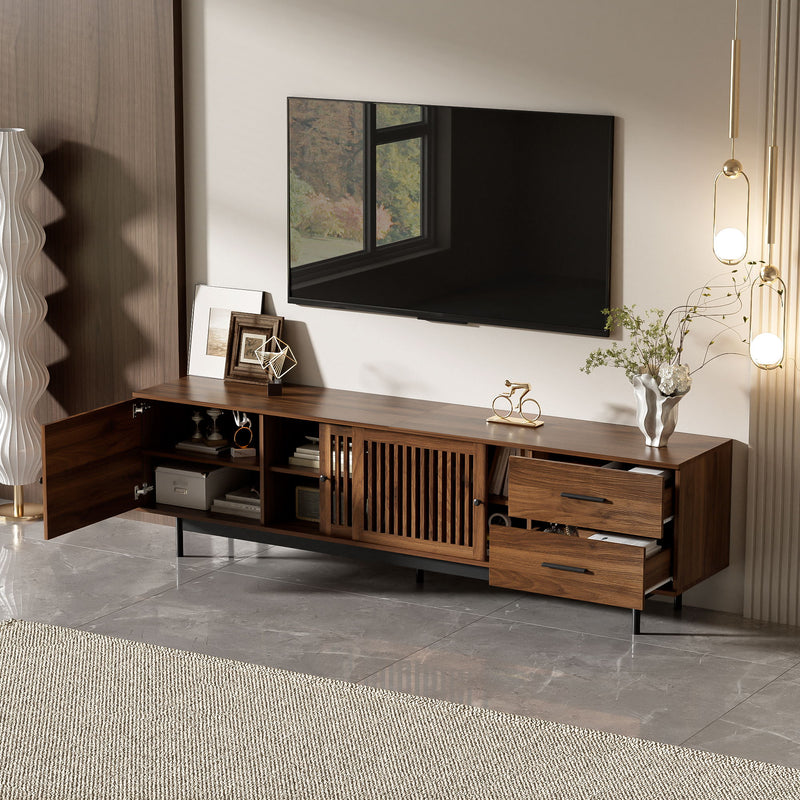 TV Stand, Media Console With 2 Drawers, Soft Closing Hinges, Adjustable Shelves, Slatted Design - Walnut