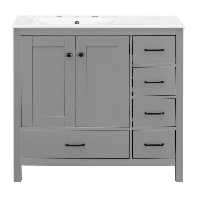 Bathroom Vanity With Ceramic Sink Combo, Abundant Storage Cabinet 2 Soft Close Doors And 5 Drawers