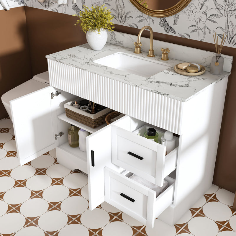 Bathroom Vanity Set, Fluted Cabinet, Soft Close Doors & Drawers, 3 Faucet Holes, Sink Included - White