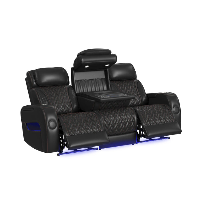 Prime Time P3 Living Room Set in Jett Black with Red Stitching