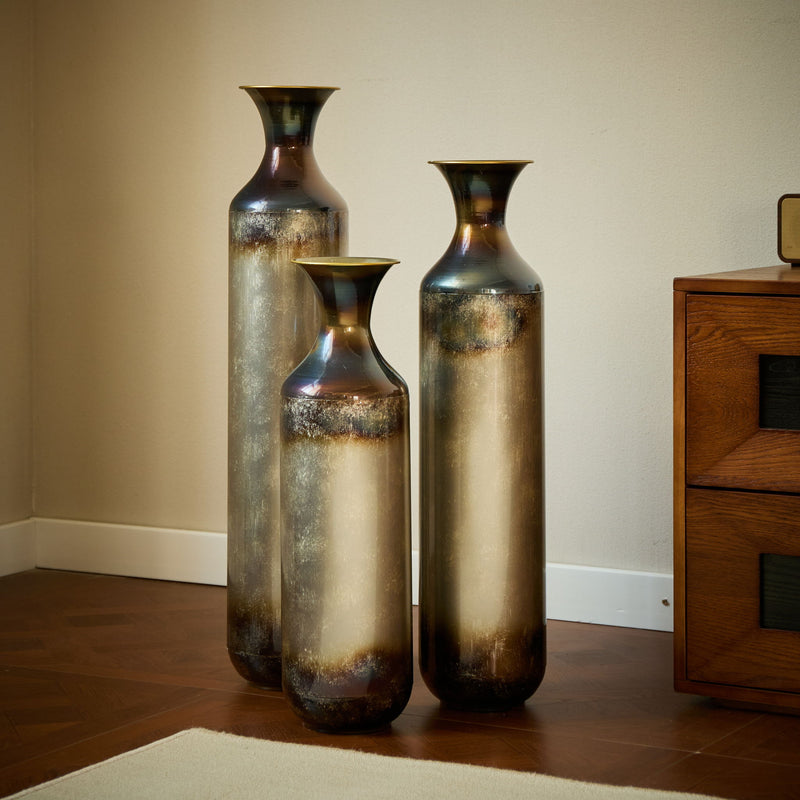 Modern Droplet Shaped Floor Vase Set, Glazed Metal Decorative Vases 3 Piece Home Accent For Living Room - Gold / White