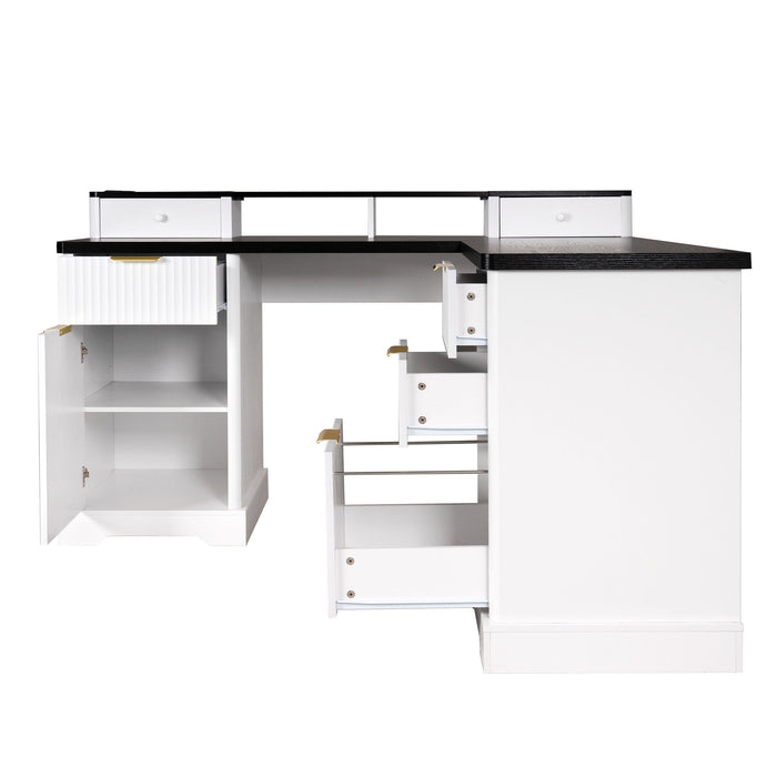 Fluted L-Shaped Desk With Charging Station & Storage Cabinet