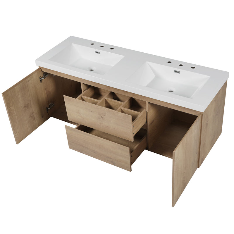 Double Sink Bathroom Vanity, Cabinet & Soft Close Doors, Divided Drawers, Wall Mounted Storage - Wood