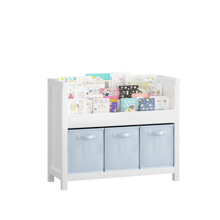 Bookshelf With 3 Tier Front Facing Storage And 3 Bins, Toddler Bookcase For Playroom - White