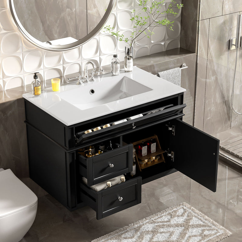 Wall Mounted Bathroom Vanity With 2 Drawers, 1 Tip Out Drawer, 3 Holes Sink