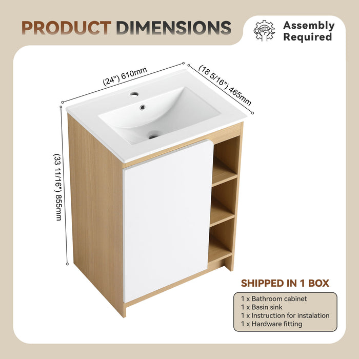 24" Bathroom Vanity With Sink & Tall And Low Side Cabinets, Vanity Set With Thin Edge Sink & Interchangeable Door Panels, 3 Piece Bathroom Storage Set - Black / Light Oak / White
