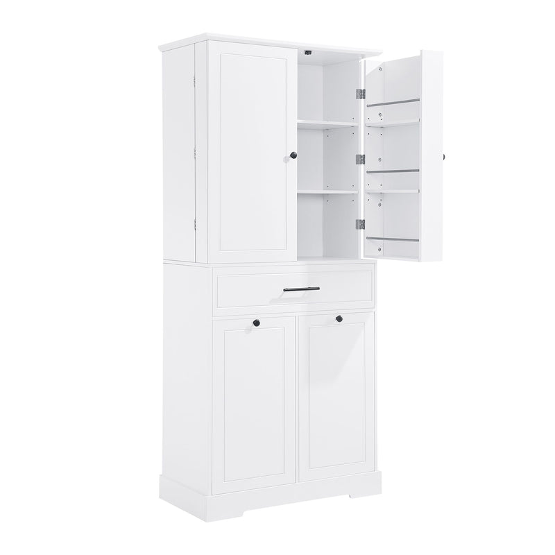 Freestanding Bathroom Storage Cabinet With Doors, Drawers, And Tilt Out Laundry Hamper - White